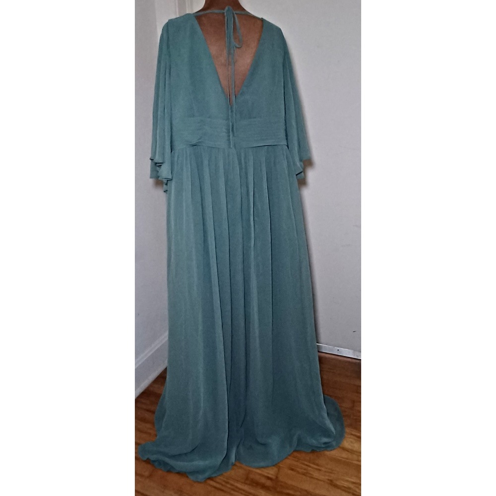 Azazie Dusty Sage Green Chiffon V-Neck Maxi Dress Cape Sleeve Gown Sz 18 READ - Picture 2 of 10